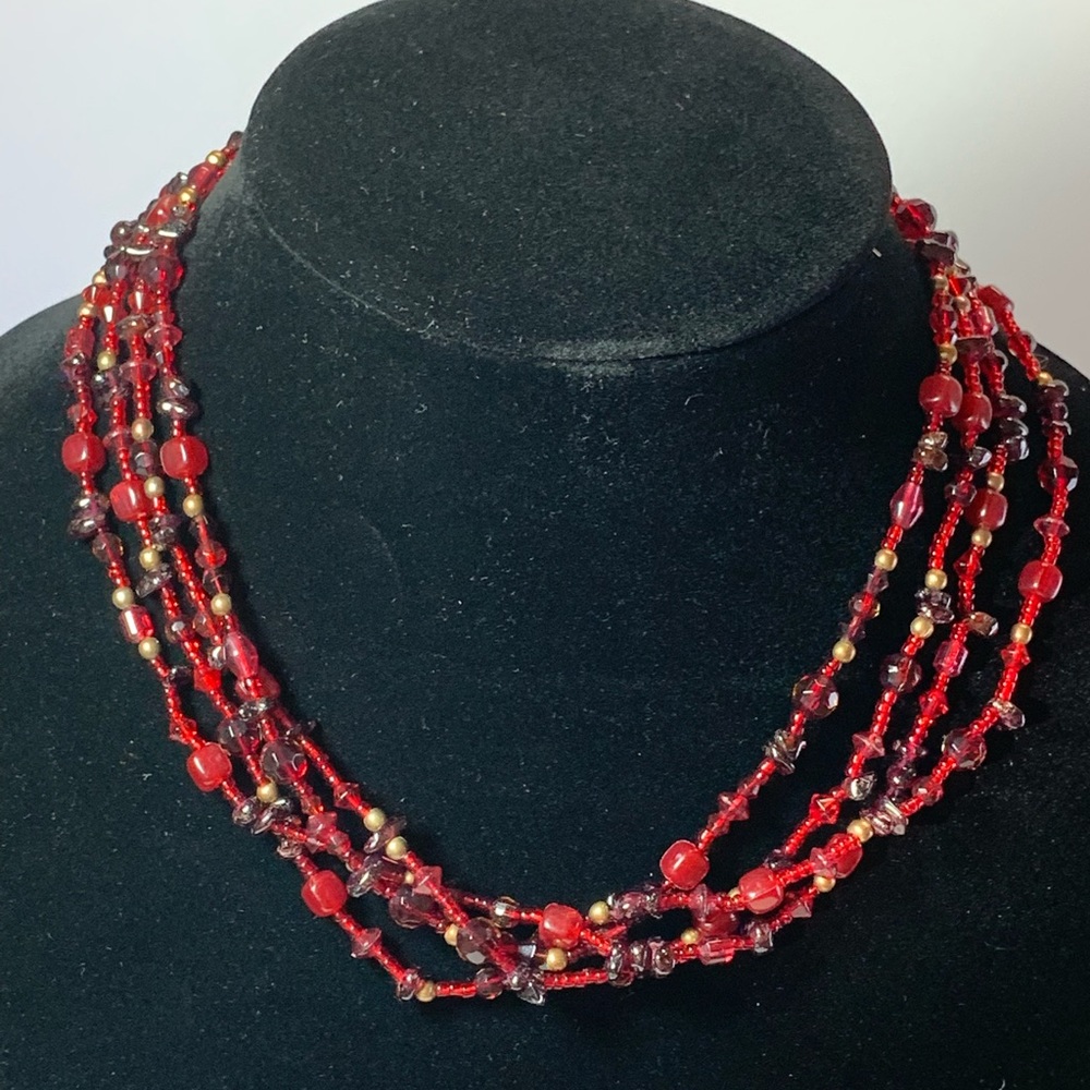 Vintage Monet Purple Amethyst Red Glass 4 Strand Collar Necklace Brass/GoldTone